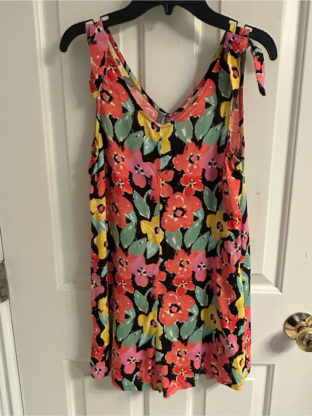 NWT-GB girls Floral Accent Tie-Shoulder Romper Black, Coral, Yellow & Mint